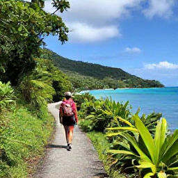 Caribbean Holidays, USVI Wellness May, Lush tropical trail in Virgin Islands National Park on St John, Caribbean plants and a hiker walking towards a scenic bay