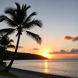 Caribbean Holidays, USVI Wellness May, Peaceful Caribbean sunset over a quiet bay in the United States Virgin Islands, silhouetted palms and warm evening colours