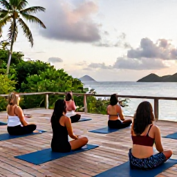 Caribbean Holidays, USVI Wellness May, Yoga class on a wooden deck overlooking the Caribbean Sea in the US Virgin Islands, tropical greenery and soft morning light