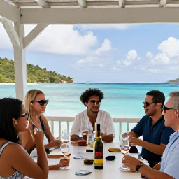 Caribbean Holidays, USVI Wine Tasting, Friends enjoying an informal Caribbean wine tasting on a shaded terrace overlooking the sea in the US Virgin Islands