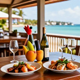 Caribbean Holidays, USVI Wine Tasting, Wine tasting table with Caribbean seafood, tropical fruit and wine bottles at a sunny St Croix restaurant