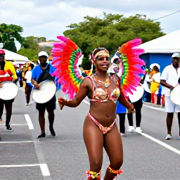 Caribbean Holidays, Vincy Mas July, Colourful Caribbean carnival parade in Kingstown, Saint Vincent, with dancers in elaborate costumes, steel pan musicians and a lively July street celebration