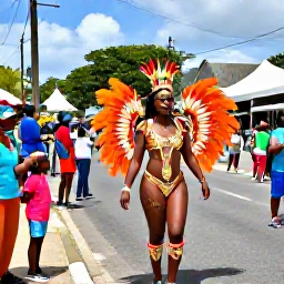 Caribbean Holidays, Vincy Mas July, Daytime Caribbean carnival costume parade along a lively Saint Vincent street, with families watching from the roadside and bright decorations