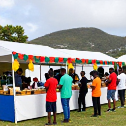 Caribbean Holidays, Vincy Mas July, Visitors enjoying a relaxed Caribbean festival in Kingstown, Saint Vincent, with local food stalls, music and colourful cultural decorations