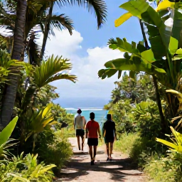 Caribbean Holidays, Virgin Islands Adventure, Hikers walking along a shaded tropical trail with views across the Caribbean from Virgin Islands National Park