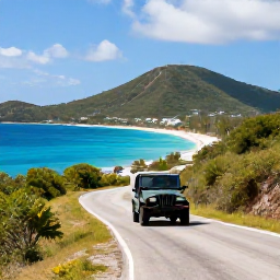 Caribbean Holidays, Virgin Islands Adventure, Jeep driving on a scenic coastal road overlooking beaches and turquoise sea on St Croix, U.S. Virgin Islands