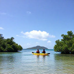 Caribbean Holidays, Virgin Islands Adventure, Kayakers paddling through calm clear water beside mangroves and small tropical islands in the U.S. Virgin Islands