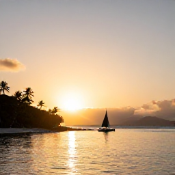Caribbean Holidays, Virgin Islands Adventure, Sunset over a calm Caribbean bay with a small sailing boat and palm-fringed shoreline in the U.S. Virgin Islands