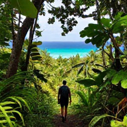 Caribbean Holidays, Virgin Islands Adventures, A hiker walking through lush tropical woodland on St John with a view of the Caribbean sea in the distance