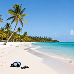 Caribbean Holidays, Virgin Islands Adventures, A quiet Caribbean beach with snorkelling gear, palm trees and calm turquoise water on a United States Virgin Islands holiday