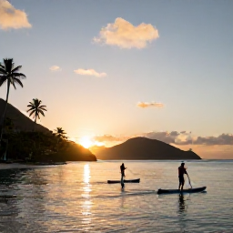 Caribbean Holidays, Virgin Islands Adventures, Stand-up paddleboarders enjoying a calm bay at sunset with palm trees and Caribbean hills in the United States Virgin Islands