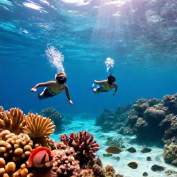 Caribbean Holidays, Virgin Islands Beaches, A couple snorkelling above a colourful coral reef near St John, tropical fish, clear shallow Caribbean water and sunlight from above