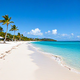 Caribbean Holidays, Virgin Islands Beaches, A wide white-sand beach on St Thomas in the United States Virgin Islands, clear turquoise water, palm trees and bright March sunshine