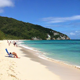 Caribbean Holidays, Virgin Islands Beaches, Visitors relaxing on Magens Bay Beach in St Thomas, calm Caribbean water, beach chairs, green hills and clear blue skies