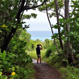 Caribbean Holidays, Virgin Islands Birdwatching, Birdwatcher with binoculars on a quiet trail through Virgin Islands National Park, with forest and sea views