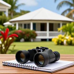 Caribbean Holidays, Virgin Islands Birdwatching, Relaxed birdwatching holiday scene at a Caribbean guesthouse with binoculars, notebook and tropical garden