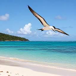 Caribbean Holidays, Virgin Islands Birdwatching, Tropical seabirds flying above a quiet beach and turquoise sea in the United States Virgin Islands