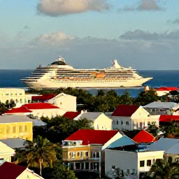 Caribbean Holidays, Virgin Islands City Breaks, Colourful Charlotte Amalie waterfront with Caribbean buildings, harbour and cruise ships in warm afternoon light