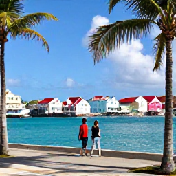 Caribbean Holidays, Virgin Islands City Breaks, Couple walking beside Charlotte Amalie harbour with colourful Caribbean waterfront, palm trees and bright blue sea