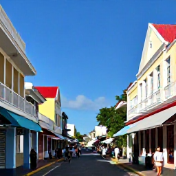 Caribbean Holidays, Virgin Islands City Breaks, Historic Charlotte Amalie street with Danish colonial architecture, colourful shops and pedestrians exploring in sunshine