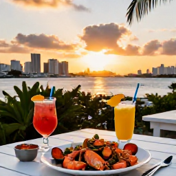 Caribbean Holidays, Virgin Islands City Breaks, Outdoor restaurant in Charlotte Amalie at sunset with Caribbean seafood, colourful cocktails and harbour views