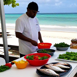 Caribbean Holidays, Virgin Islands Cooking, A friendly local chef leading a small outdoor cooking class beside the sea in St Croix, with bowls of vegetables, herbs and fresh fish