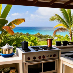 Caribbean Holidays, Virgin Islands Cooking, A relaxed Caribbean cooking holiday scene in the United States Virgin Islands, with an outdoor kitchen, tropical garden and distant blue sea