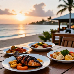 Caribbean Holidays, Virgin Islands Cooking, A relaxed seaside restaurant in St Croix at sunset, serving grilled fish, plantains and colourful Caribbean dishes on a wooden table