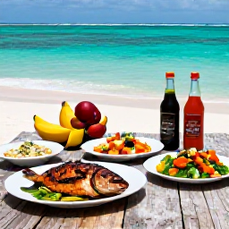 Caribbean Holidays, Virgin Islands Cooking, A rustic Caribbean table overlooking turquoise water, decorated with grilled fish, colourful salads, tropical fruit and local sauces