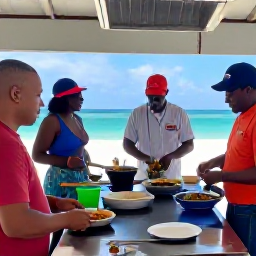 Caribbean Holidays, Virgin Islands Cooking, Chef and visitors preparing Caribbean dishes together in a bright open-air kitchen overlooking the sea