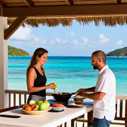 Caribbean Holidays, Virgin Islands Cooking, Couple enjoying a relaxed Caribbean cooking holiday on a shaded terrace overlooking turquoise water in the United States Virgin Islands