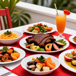 Caribbean Holidays, Virgin Islands Cooking, Festive Caribbean table in the United States Virgin Islands with roast meats, seafood, side dishes and tropical drinks