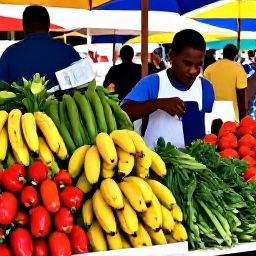 Caribbean Holidays, Virgin Islands Cooking, Fresh Caribbean produce including plantains, peppers, seafood, herbs and tropical fruit displayed at a local market in St Croix