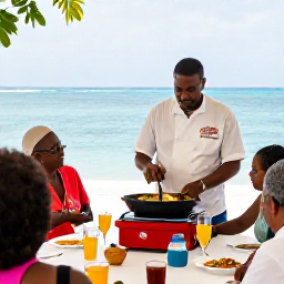 Caribbean Holidays, Virgin Islands Cooking, Friendly Caribbean chef demonstrating traditional island recipes to a small group during an outdoor cooking lesson overlooking the sea