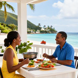 Caribbean Holidays, Virgin Islands Cooking, Happy couple enjoying a Caribbean cooking holiday meal on a terrace in the United States Virgin Islands