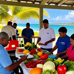 Caribbean Holidays, Virgin Islands Cooking, Outdoor Caribbean cooking class with local chefs, fresh tropical ingredients and colourful market produce on a sunny United States Virgin Islands terrace