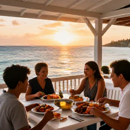 Caribbean Holidays, Virgin Islands Cooking, Relaxed beach restaurant on St Croix at sunset, with diners enjoying fresh seafood and views across the Caribbean Sea