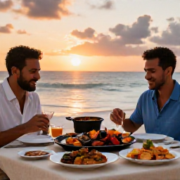 Caribbean Holidays, Virgin Islands Cooking, Relaxed beachfront dinner in the United States Virgin Islands with grilled seafood, Caribbean side dishes and sunset views