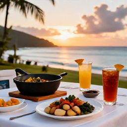 Caribbean Holidays, Virgin Islands Cooking, Relaxed Caribbean dining table with freshly cooked island dishes, rum cocktails and sunset views across the United States Virgin Islands