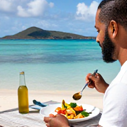 Caribbean Holidays, Virgin Islands Cooking, Traveller enjoying a freshly prepared Caribbean meal beside a calm turquoise bay in the United States Virgin Islands