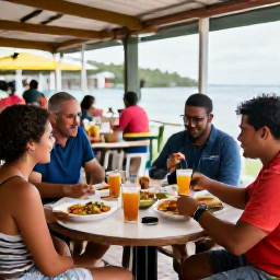 Caribbean Holidays, Virgin Islands Cooking, Travellers enjoying a Caribbean food tour through a lively market and waterfront restaurants in St Thomas