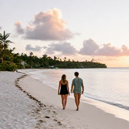 Caribbean Holidays, Virgin Islands Couples, A couple walking along a quiet white-sand beach in St John, United States Virgin Islands, at sunset