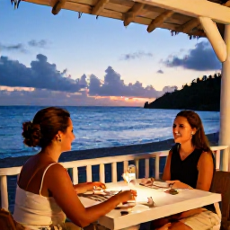 Caribbean Holidays, Virgin Islands Couples, Couple dining at an open-air Caribbean restaurant overlooking the sea at dusk