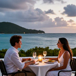 Caribbean Holidays, Virgin Islands Couples, Couple enjoying a candlelit dinner overlooking the Caribbean Sea in the United States Virgin Islands