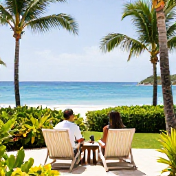 Caribbean Holidays, Virgin Islands Couples, Couple enjoying a comfortable beachfront resort terrace with tropical garden and Caribbean sea view