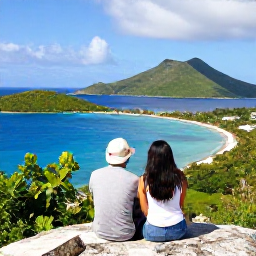 Caribbean Holidays, Virgin Islands Couples, Couple enjoying a scenic viewpoint over the Caribbean Sea and green islands on St Thomas