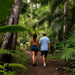 Caribbean Holidays, Virgin Islands Couples, Couple hiking through lush tropical forest in Virgin Islands National Park on St John