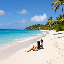 Caribbean Holidays, Virgin Islands Couples, Couple relaxing on a quiet white-sand beach in the U.S. Virgin Islands, turquoise sea and palm trees