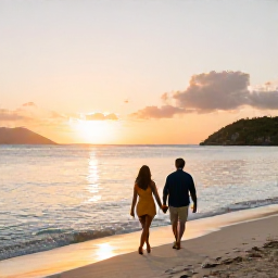 Caribbean Holidays, Virgin Islands Couples, Couple walking hand in hand along a calm Caribbean beach at sunset in the U.S. Virgin Islands