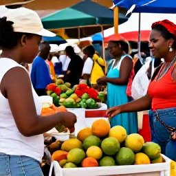Caribbean Holidays, Virgin Islands Culture, Local Caribbean market in St Croix with colourful fruit, handmade crafts, friendly vendors and visitors browsing stalls